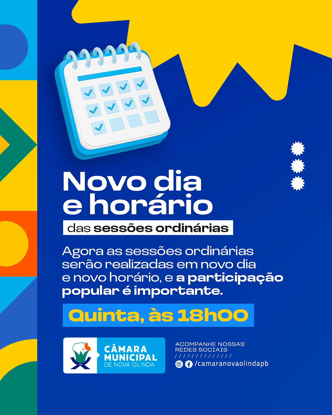 Câmara Municipal de Nova Olinda divulga novo calendário de sessões ordinárias