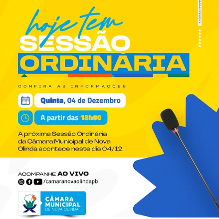 Hoje tem Sessão Ordinária na Câmara Municipal de Nova Olinda